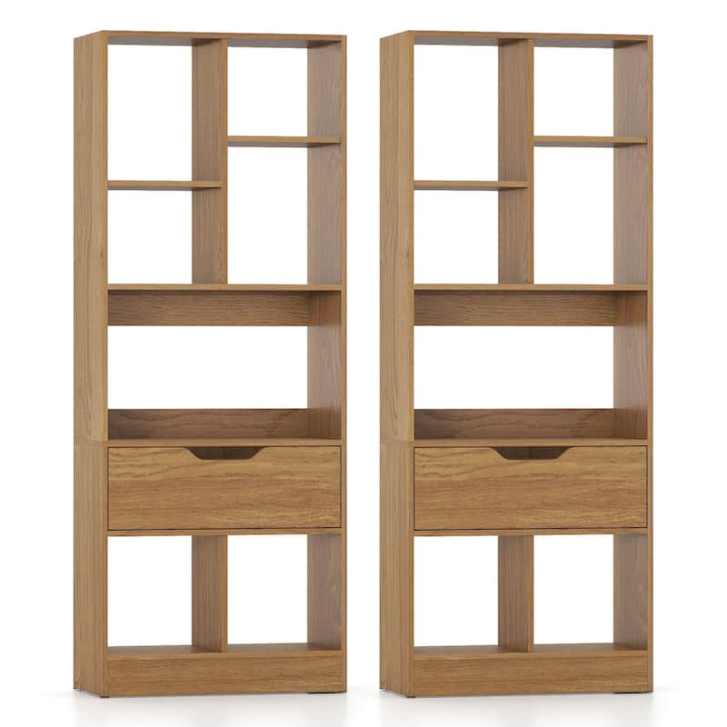 Costway 1 PCS 51” Tall Bookcase with Drawer 7 Open Cubes Anti-toppling - See Details - Natural-2 PCS