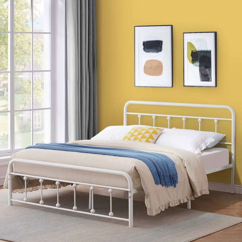 VECELO Metal Bed Frame with Headboard Classic Metal Platform Bed Frame Mattress Foundation with Victorian Style Footboard - White - Full
