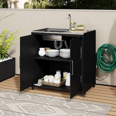 Outdoor Movable Kitchen Sink Patio Modular Kitchen Sink Station with Cabinet for Garden, Patio, Backyard, Matte Black