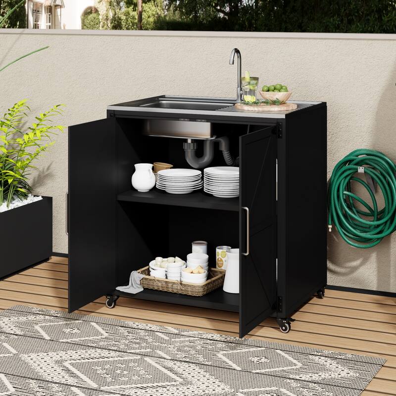 Roomfitters Outdoor Modular Kitchen Sink Station with Movable Cabinet for Patio Garden, Matte Black - Matte Black