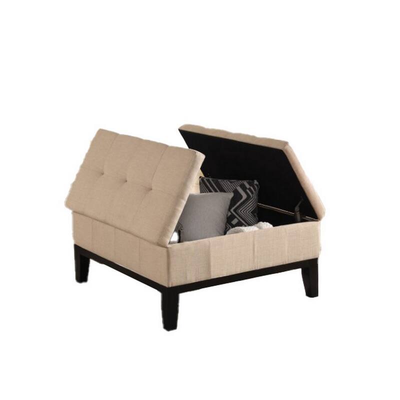 Orin 36 Inch Ottoman, Split Storage Lid, Tufted Beige Upholstery, Wood