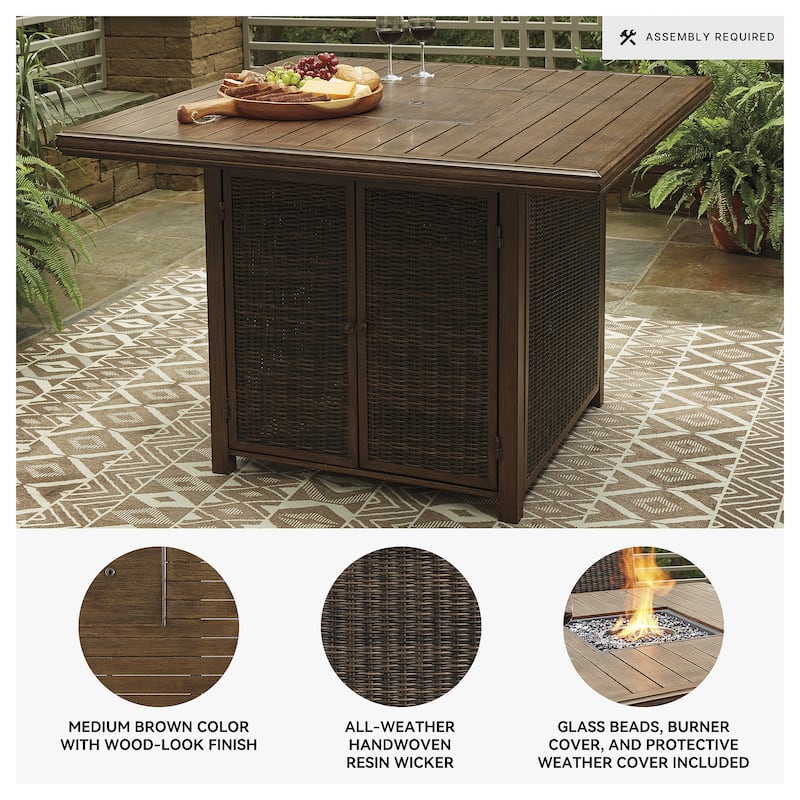 Signature Design by Ashley Paradise Trail Outdoor Medium Brown Square Bar Table with Fire Pit