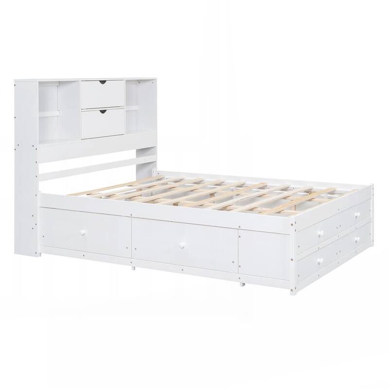 Queen Size Platform Bed with Storage Headboard and 8 Drawers
