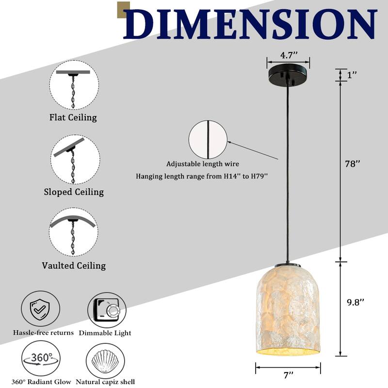 1-Light 7'' Modern Farmhouse Natural Capiz Seashell Single Pendant Light Coastal Cylinder Hanging Light For Kitchen - W7''