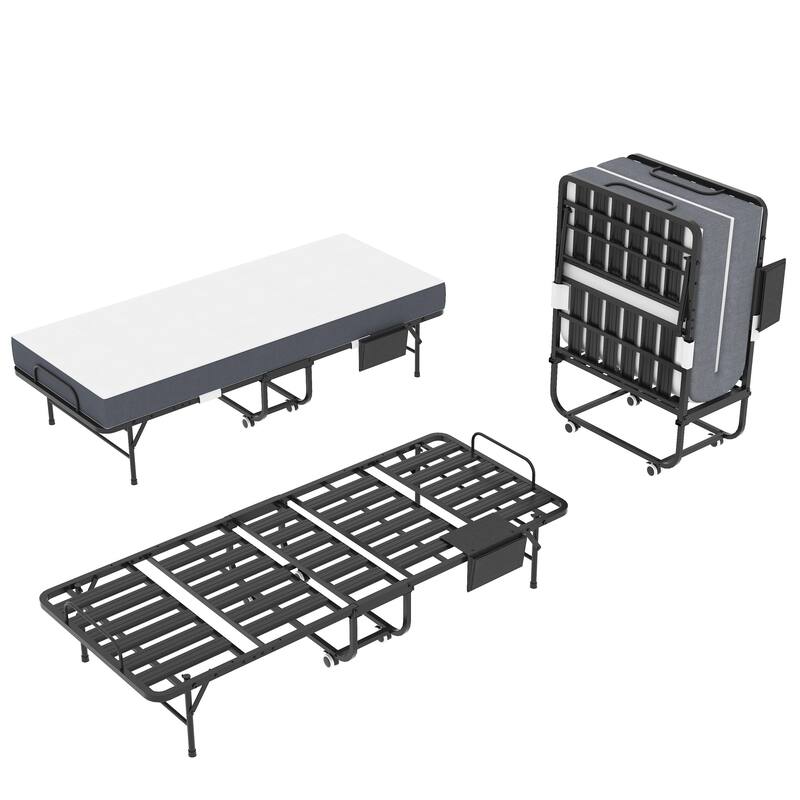 75 Inch Folding Bed with 5" Memory Foam Mattress, Rollaway Guest Bed, Heavy-Duty on Wheels, Portable Twin Bed