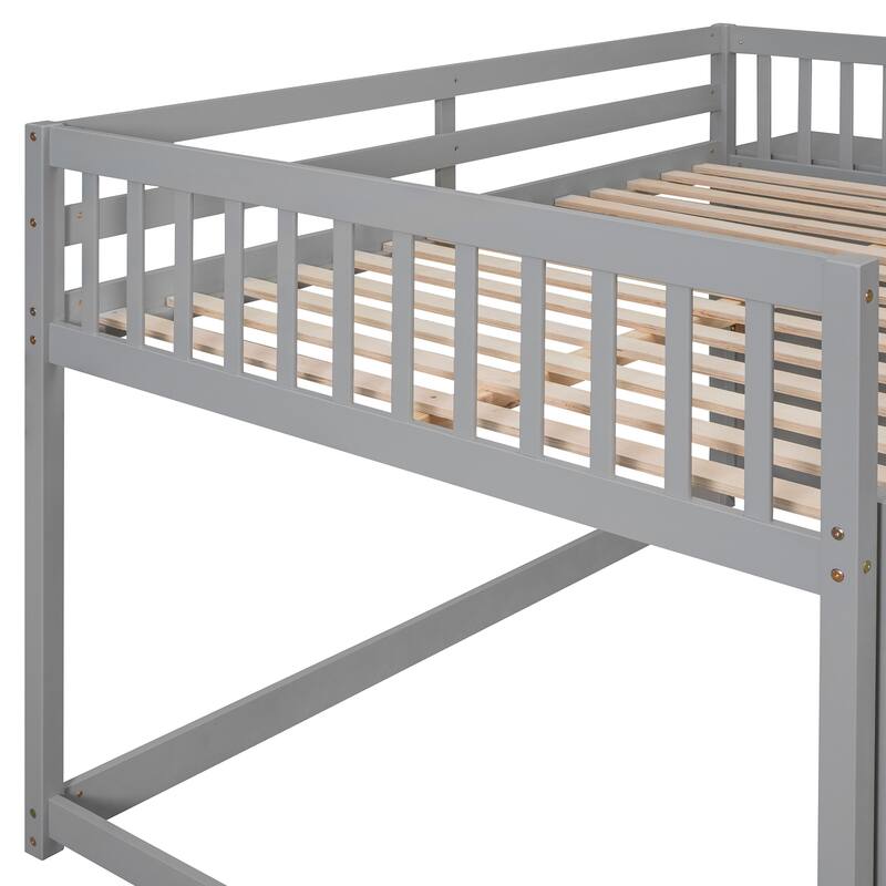 Floor Bunk Bed with Movable Storage Cabinet, Solid Wood Bunkbeds Frame