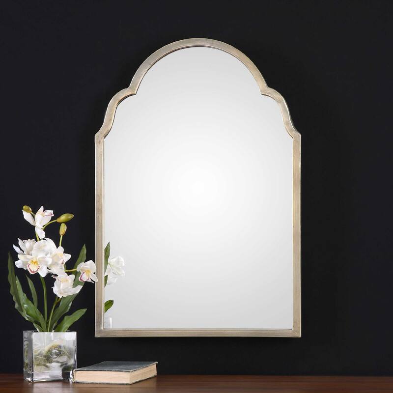 30" Petite Bridgette Metal Arch Wall Mirror w Silver Champagne Frame