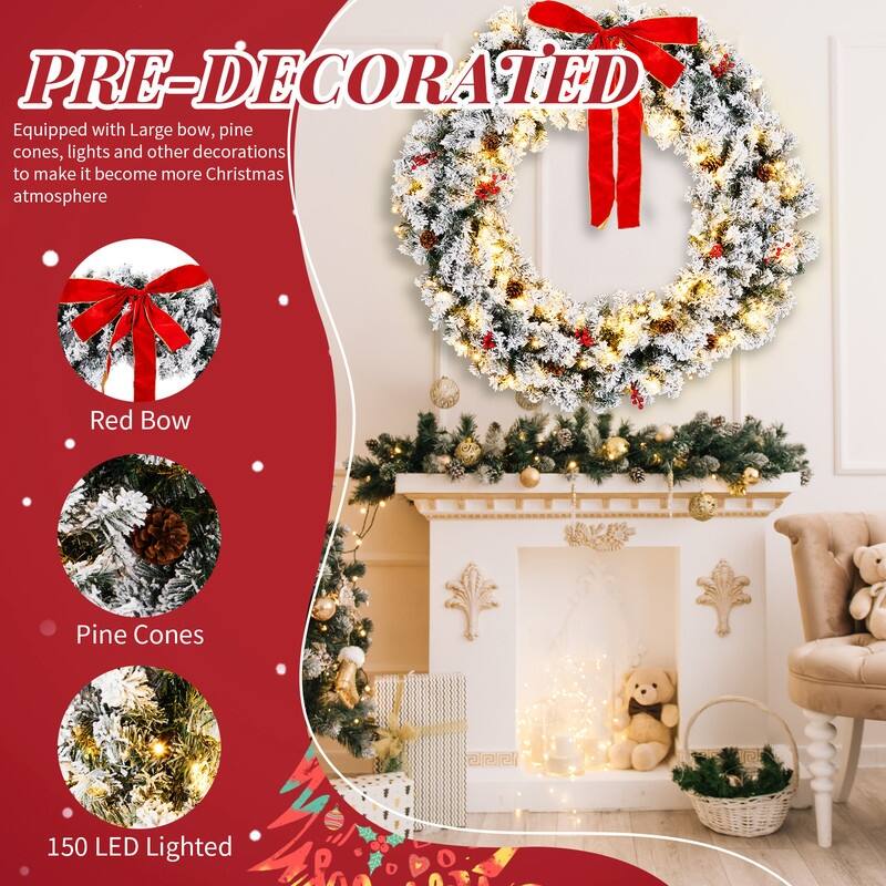 Pre-lit Snow Flocked Christmas Wreath, Lighted Artificial Xmas Wreath with Lights and DIY Ornaments, for Xmas Party Decorations