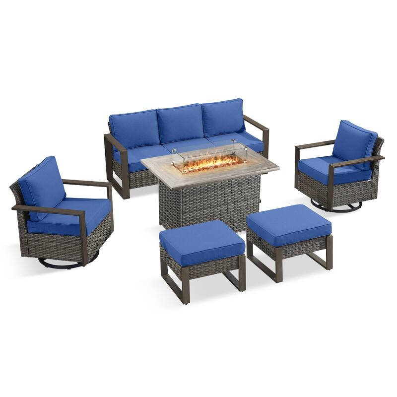 Pocassy 6 Pieces Outdoor Sofa Swivel Chair Ottoman with Fire Pit Table Set