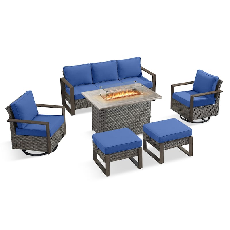 Pocassy Outdoor Wicker Sofa Swivel Chair with Fire Table Set