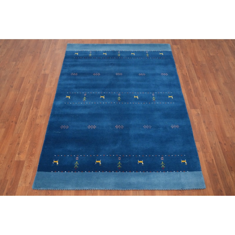 Hand Knotted Oriental 100% Wool Carpet Tribal Animal Pictorial Navy Blue & Blues Gabbeh Area Rug - 5' 9'' X 4' 2''