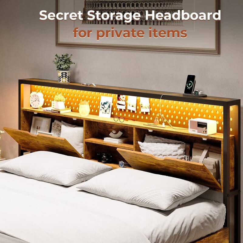 Bed Frame Hidden Storage Headboard 2-Tier Built-in LED Lights Metal