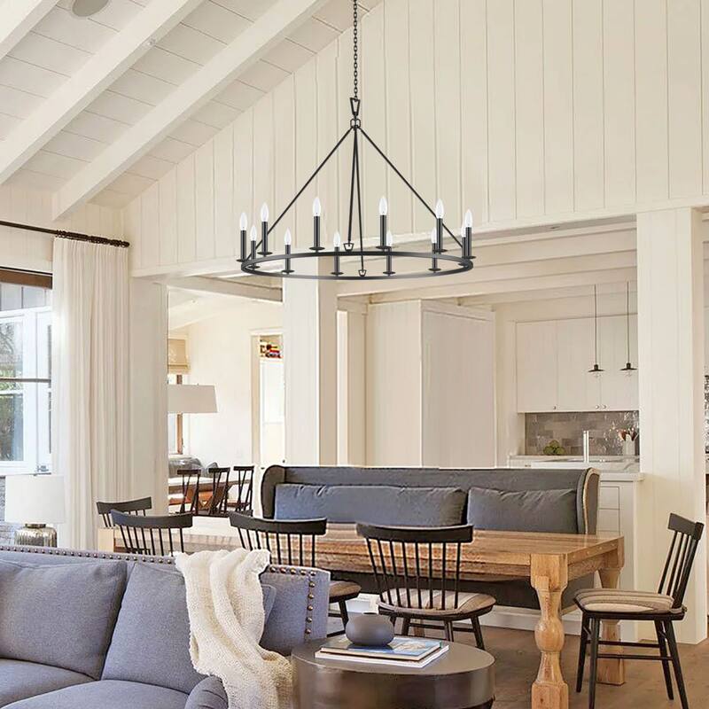 KAWOTI 12 - Light Dimmable Wagon Wheel Chandelier - Black
