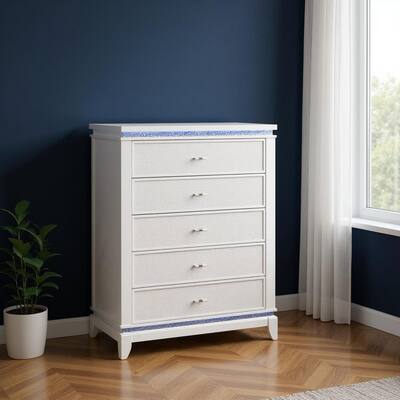 HomeRoots 36" White Faux Crystal Glitter Wood Lighted Five Drawer Dresser