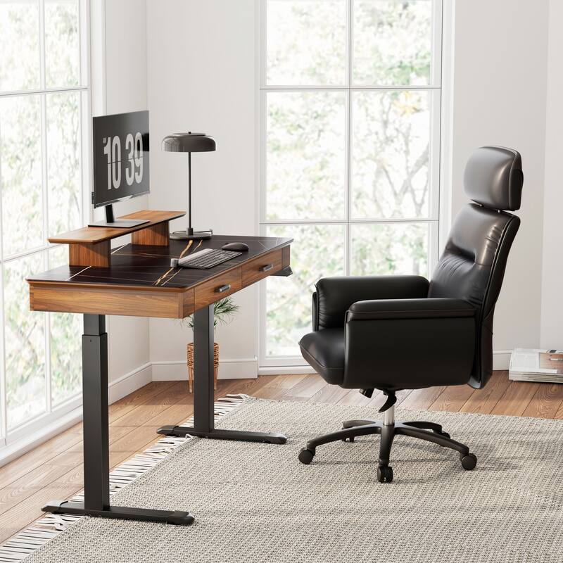 Eureka Ergonomic 55" Slate Stone Standing Desk Executive Writing Desk with 2 Drawers & Monitor Stand - Black