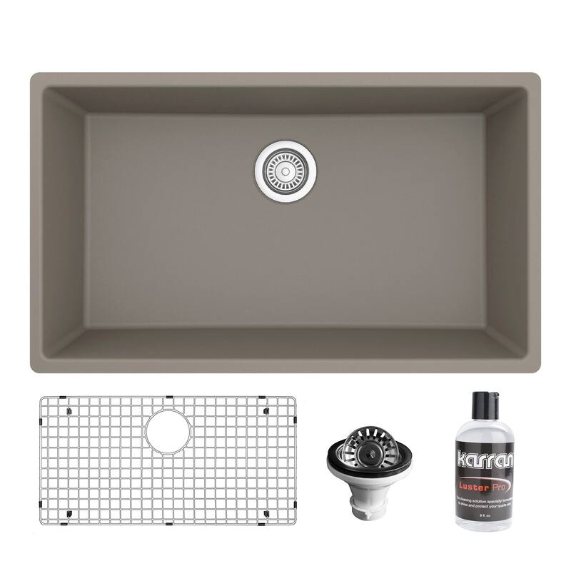 Karran Undermount 32.5 in. Large Single Bowl Quartz Kitchen Sink Kit - Concrete