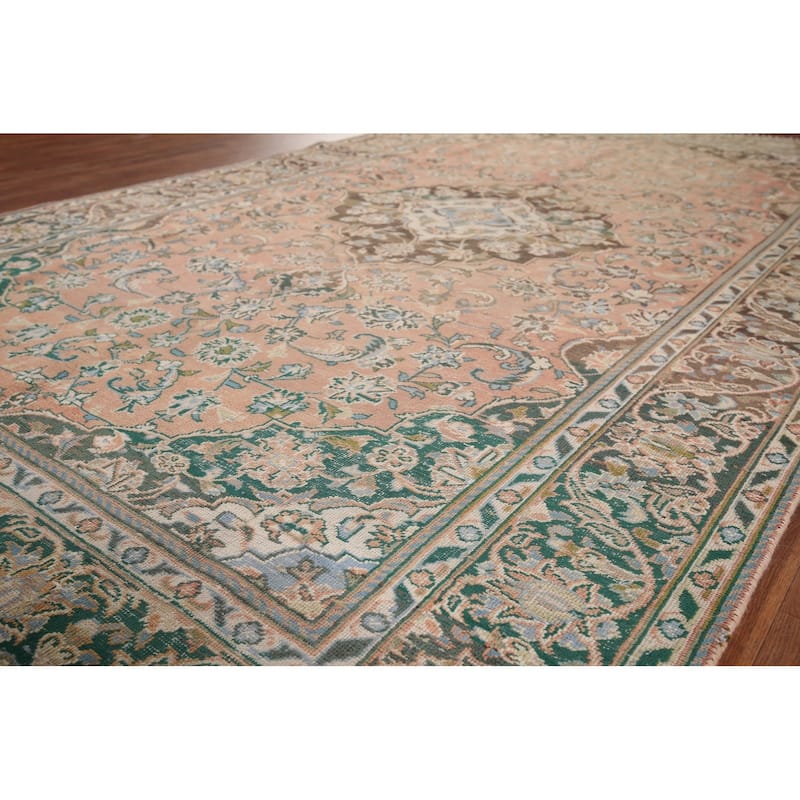 Traditional Mashad Persian Vintage Area Rug Handmade Wool Carpet - 6'5" x 10'1"