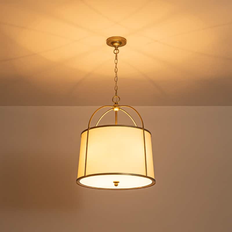 Mid-Century White Fabric Round Drum Cage Pendant Ambient Light