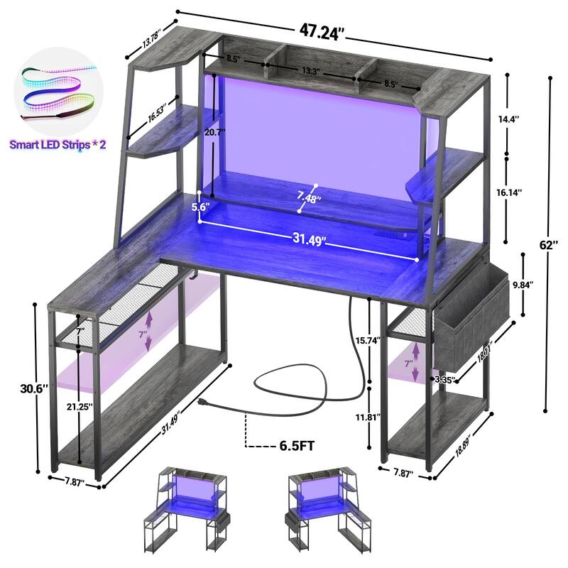 Ultimate L-Shape Gaming Desk with Hutch & Shelves, Reversible Computer Desk with LED Lights & Charging Station