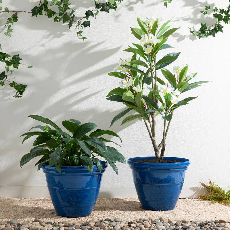 Glitzhome Set of 2 Round Cobalt Blue/Turquoise/Red Faux Ceramic Pot Plastic Planter