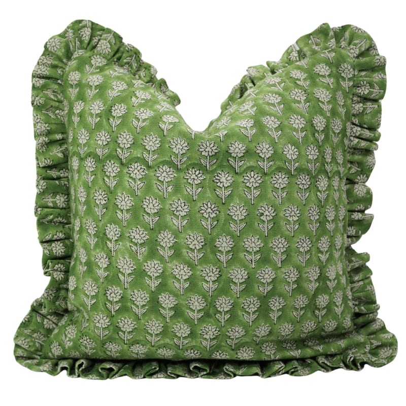 Fabdivine Heavy Linen Floral Ruffled Both Side Cushion Cover Home Décor Accent - Pankhudi- Green - 14" x 20" - Cover Only