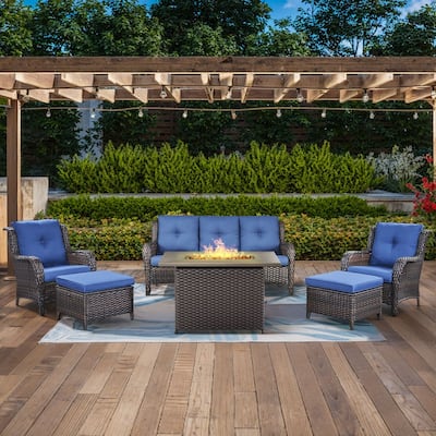 Gymojoy 6-Piece Outdoor Wicker Patio Furniture with Fire Pit Table, Rattan Coversation Set with Water Resistant Thick Cushions