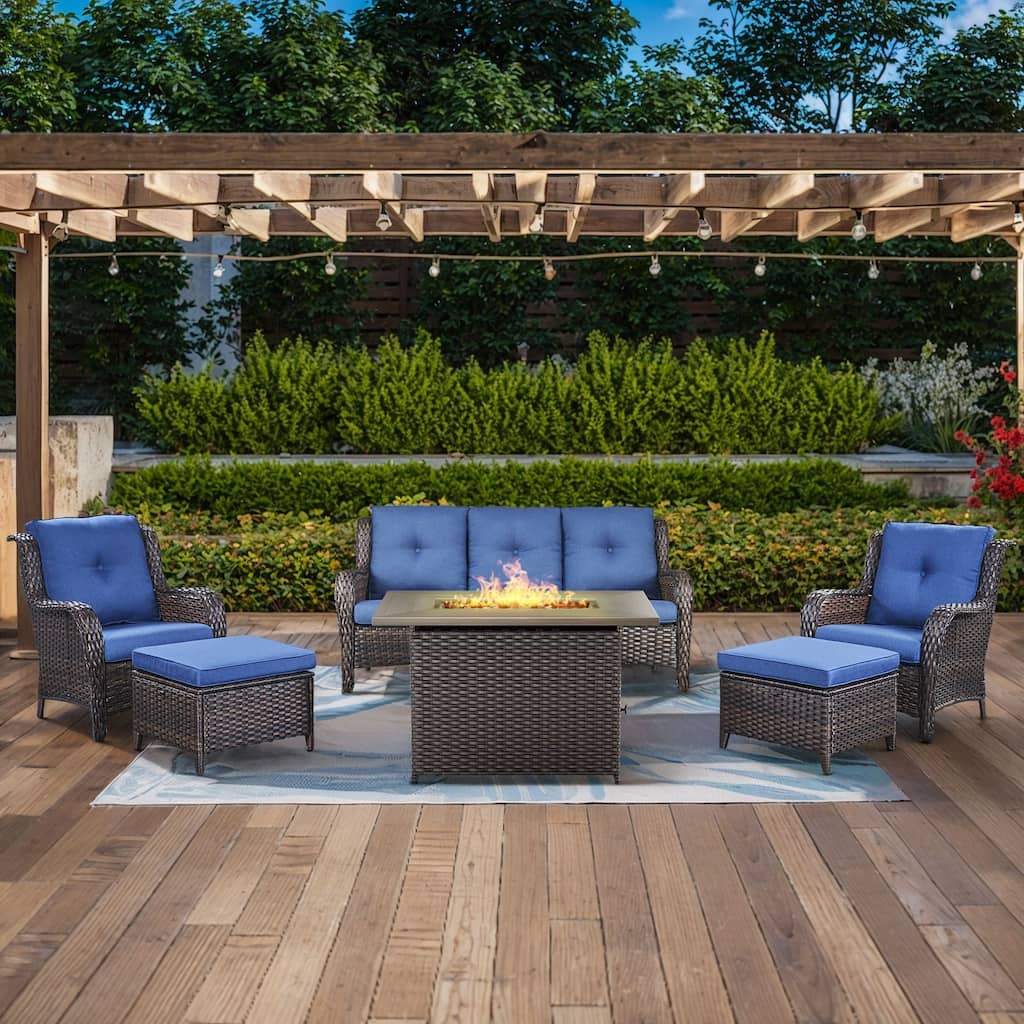 Gymojoy 6-Piece Outdoor Wicker Patio Furniture with Fire Pit Table, Rattan Coversation Set with Water Resistant Thick Cushions