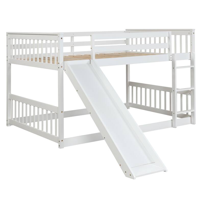 Full Over Full Bunk Bed with Slide, Wooden Bunkbeds Frame for Kids