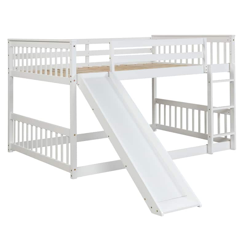 White Full over Full Wood Bunk Bed with Slide and Ladder