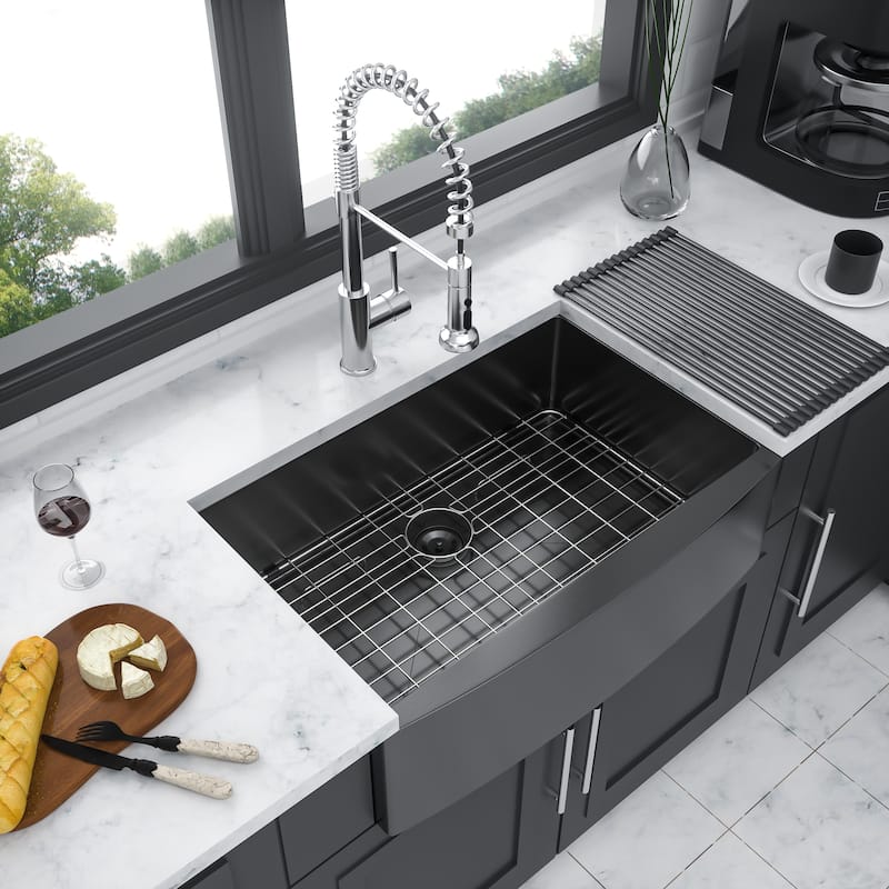 Stainless Steel Apron Front Kitchen Sink Gunmetal Black 16 Gauge 10 Inch Deep Single Bowl