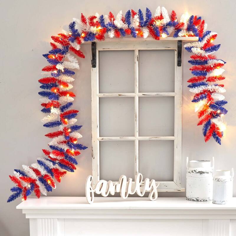 Patriotic American Flag Garland with Warm Lights - 9ft Artificial Decor for 4th of July, Memorial Day, Veterans Day - 108