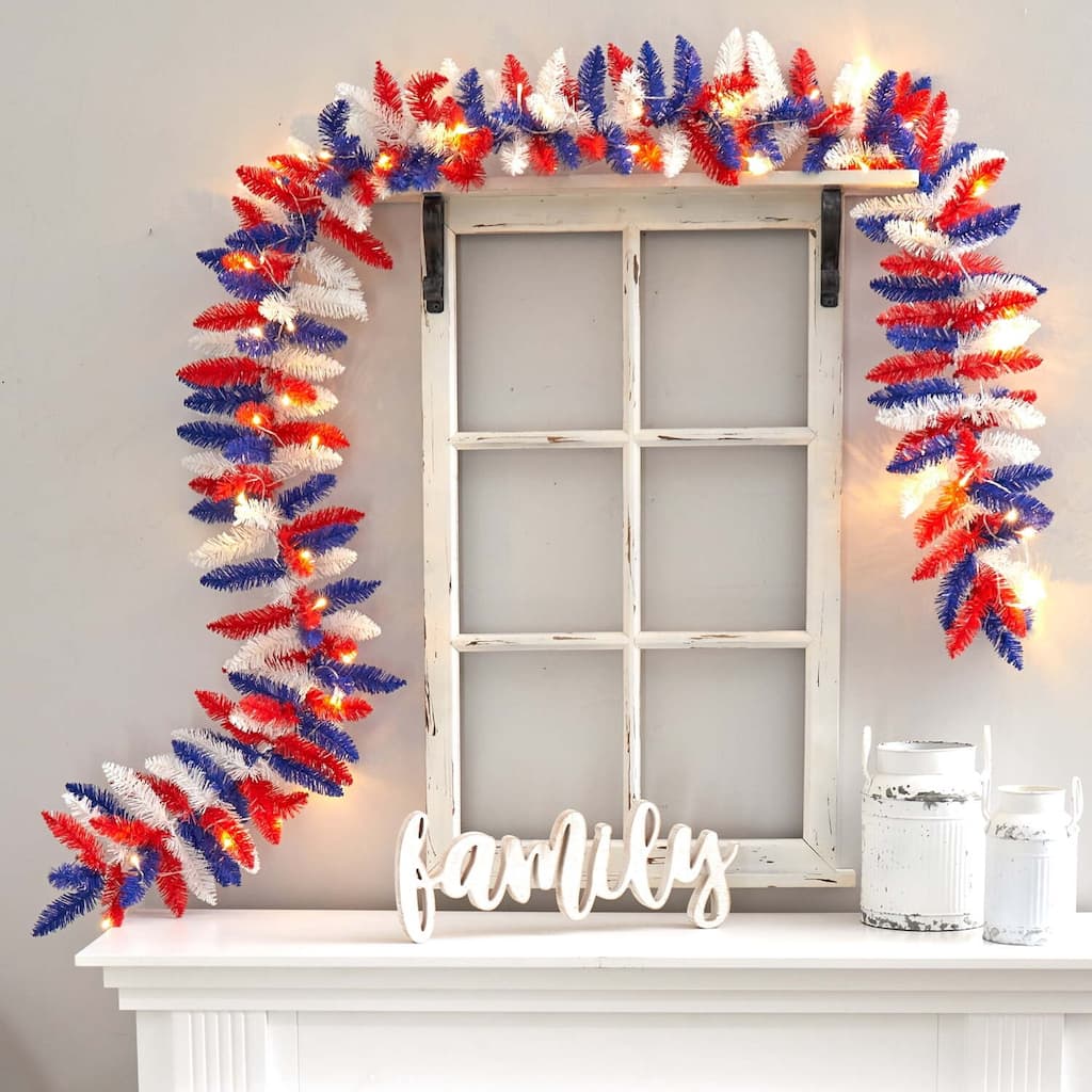 Patriotic American Flag Garland with Warm Lights - 9ft Artificial Decor for 4th of July, Memorial Day, Veterans Day - 108