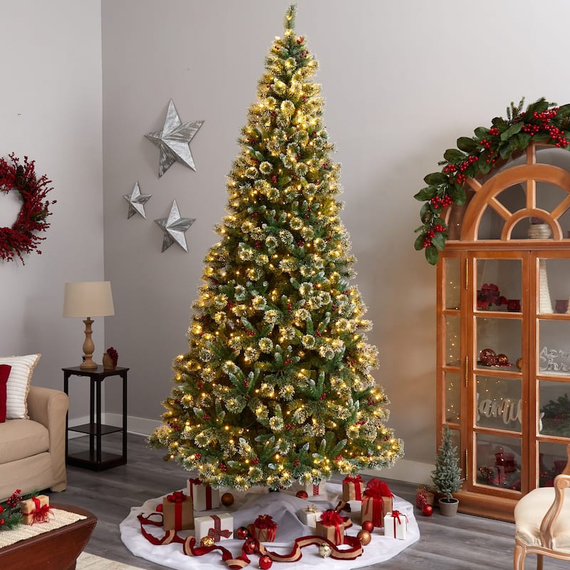 10ft Artificial Christmas Tree Prelit Swiss Pine Frosted Holiday Tree with Lights & Stand - Green - 120