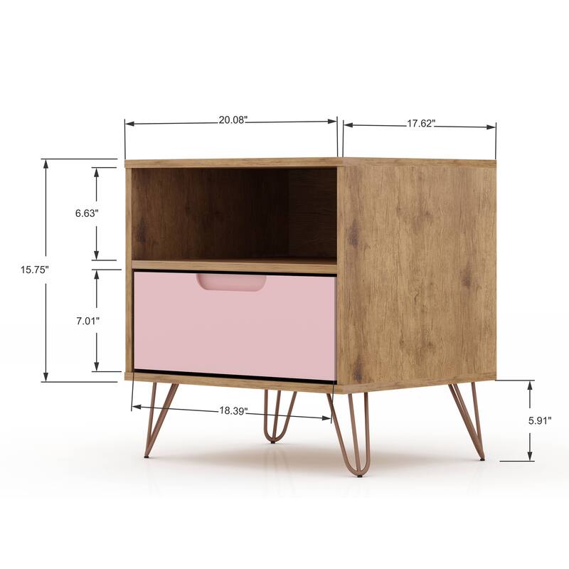 Modern Nightstand with Drawer and Open Shelf Metal Legs Mid Century Design