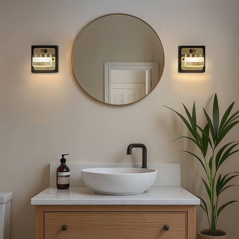 Modern Square Black and Brass Integrated LED Wall Sconce with White Acrylic Shade Adjustable Head Bathroom Vanity Light