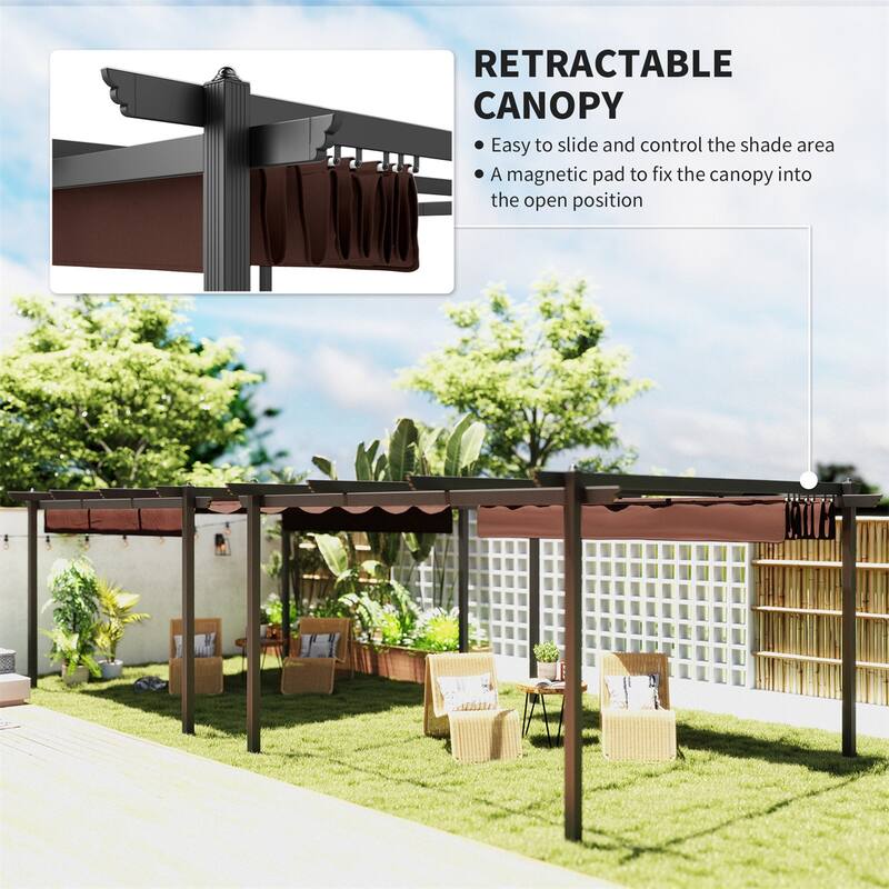 Brown Retractable Canopy Pergola with Aluminum Frame and 180g Polyester Fabric UPF 30 Plus for Patio Garden