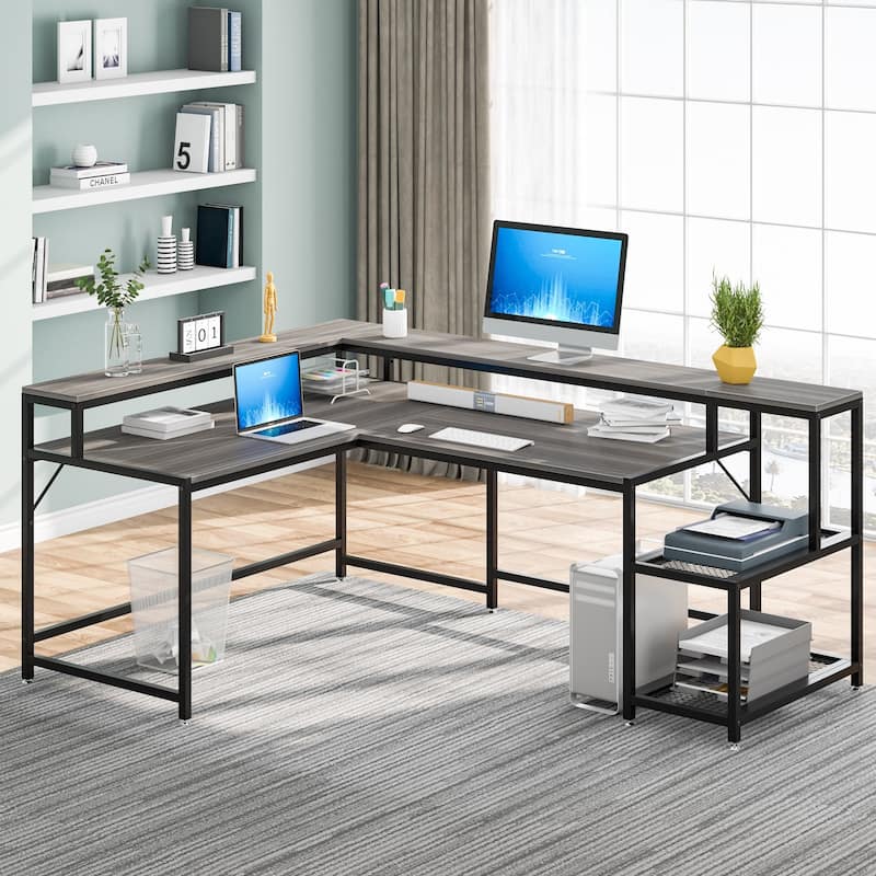 69" L Shaped Desk with Monitor Shelf, Reversible Corner Computer Desk for Office Home