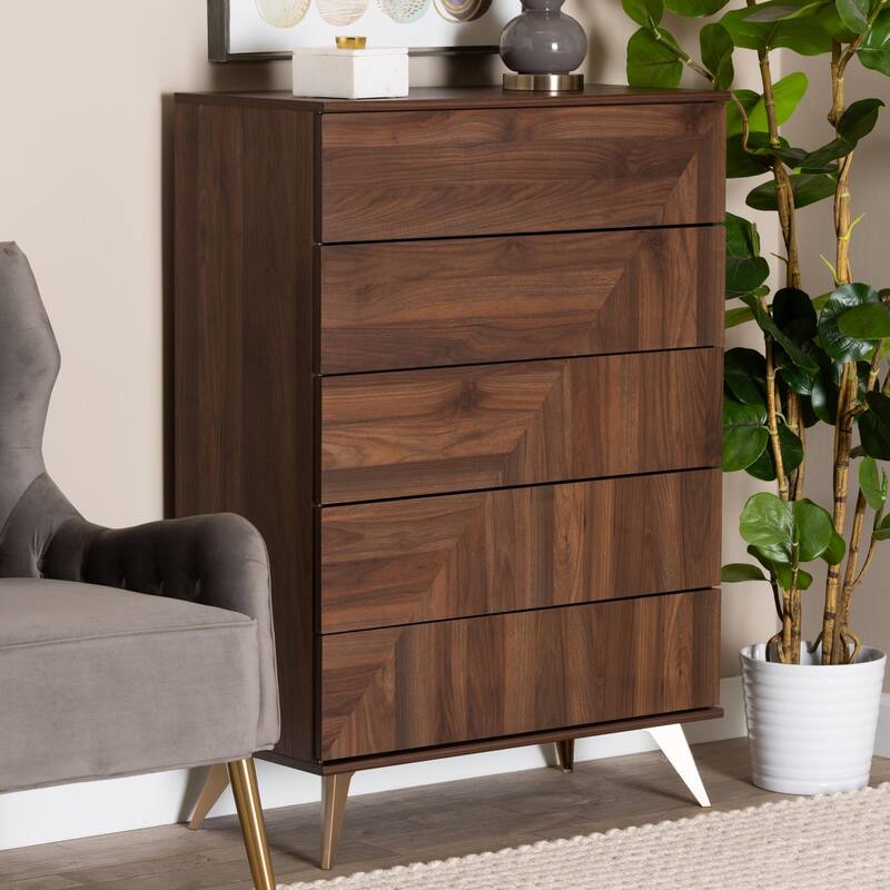 Graceland Mid-Century Modern Transitional Walnut Brown Finished Wood 5-Drawer Storage Chest