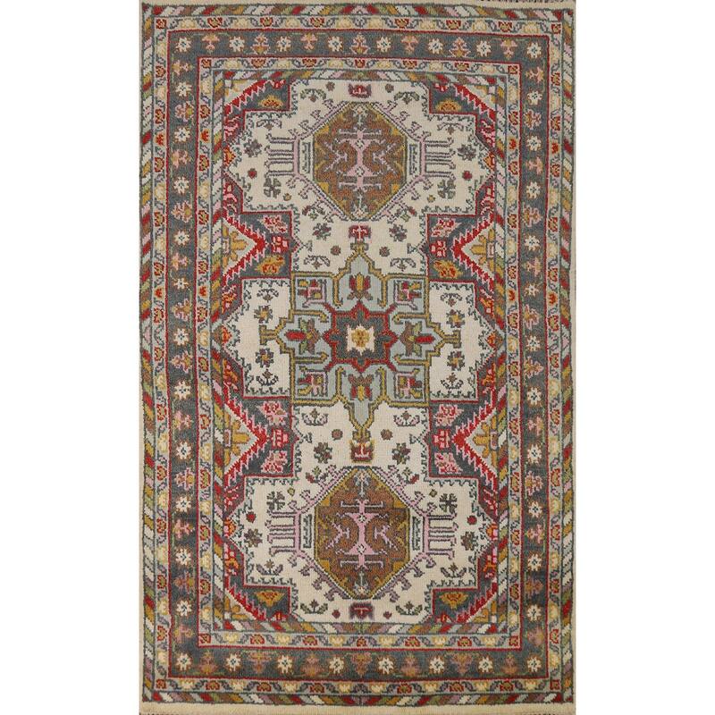 Hand Knotted Oriental 100% Wool Carpet Traditional Geometric Beige & Ivories Heriz (serapi) Area Rug - 6' 2'' X 3' 10''