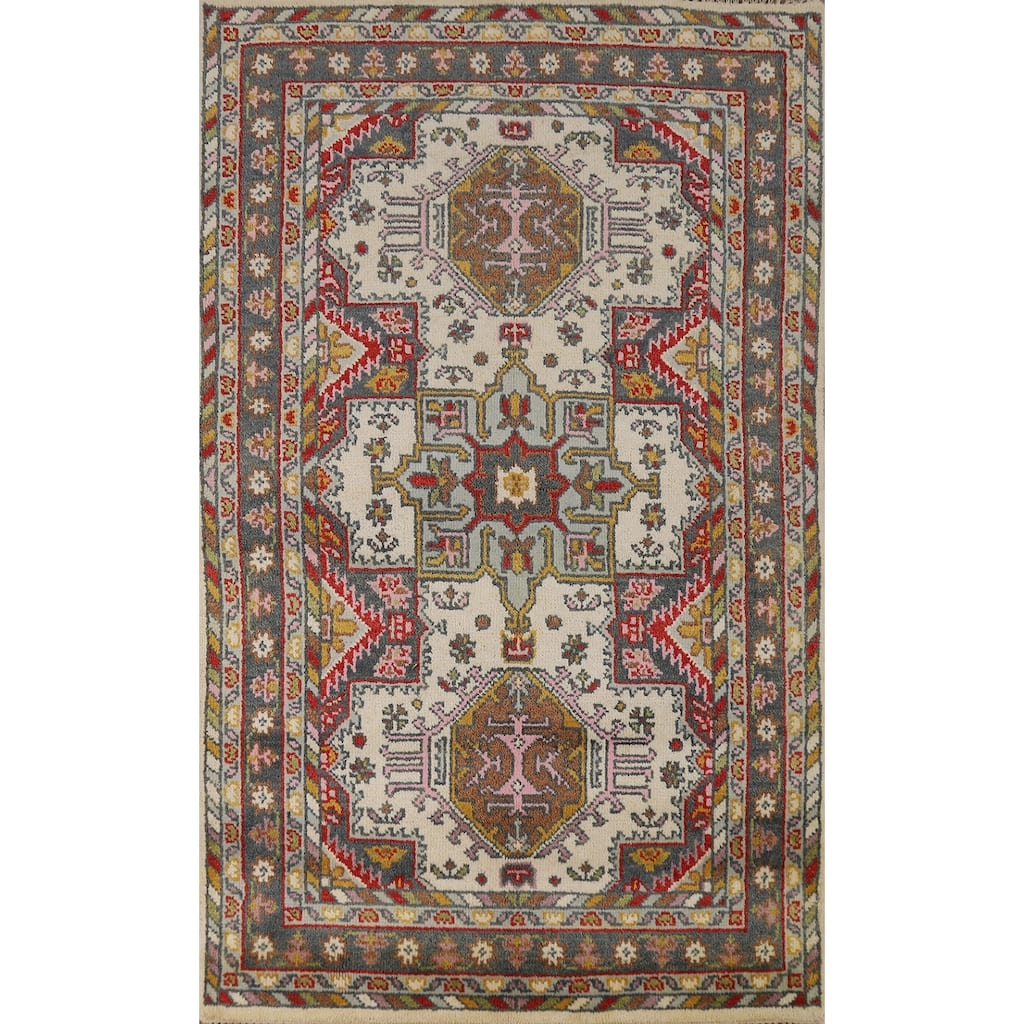 Hand Knotted Oriental 100% Wool Carpet Traditional Geometric Beige & Ivories Heriz (serapi) Area Rug - 6' 2'' X 3' 10''