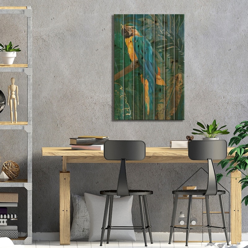 Macaw In The Jungle Print On Wood by Sarah Manovski - Multi-Color