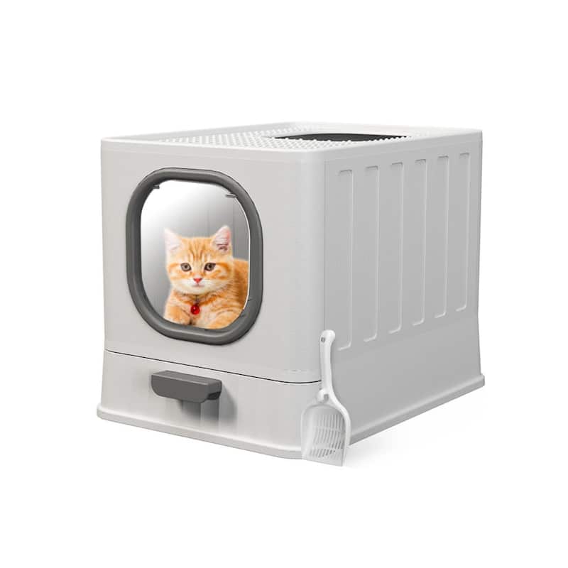 Covered Litter Box with Top Entry, Hidden Cat Litter Box With Slide-Out Tray, Scoop, Spacious for Large Cats, Max. Load 15 kg, - Light-Grey