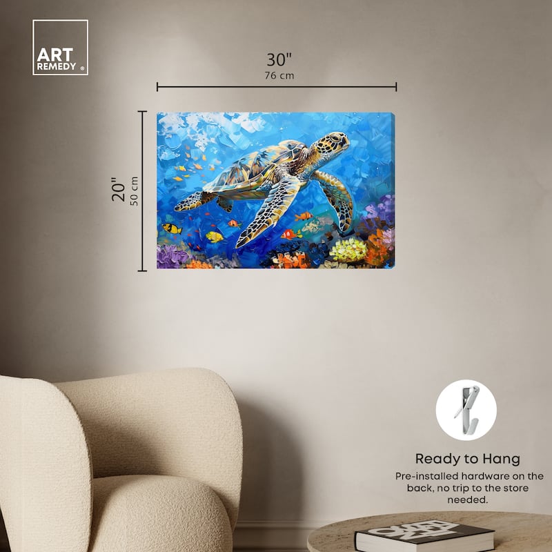 Art Remedy Turtle Swimming Gallery Wrapped Colorful Coastal 1 Piece Canvas Wall Art