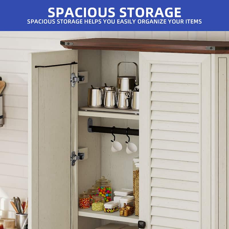 Farmhouse Pantry Cabinet with 4-Tier Storage Adjustable Shelves Two Magnetic Doors and Hooks for Kitchen Organization