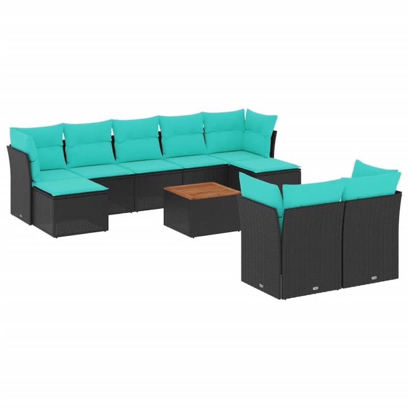 vidaXL 10 Piece Patio Sofa Set with Cushions Black Poly Rattan - 24.4 x 24.4 x 27.2