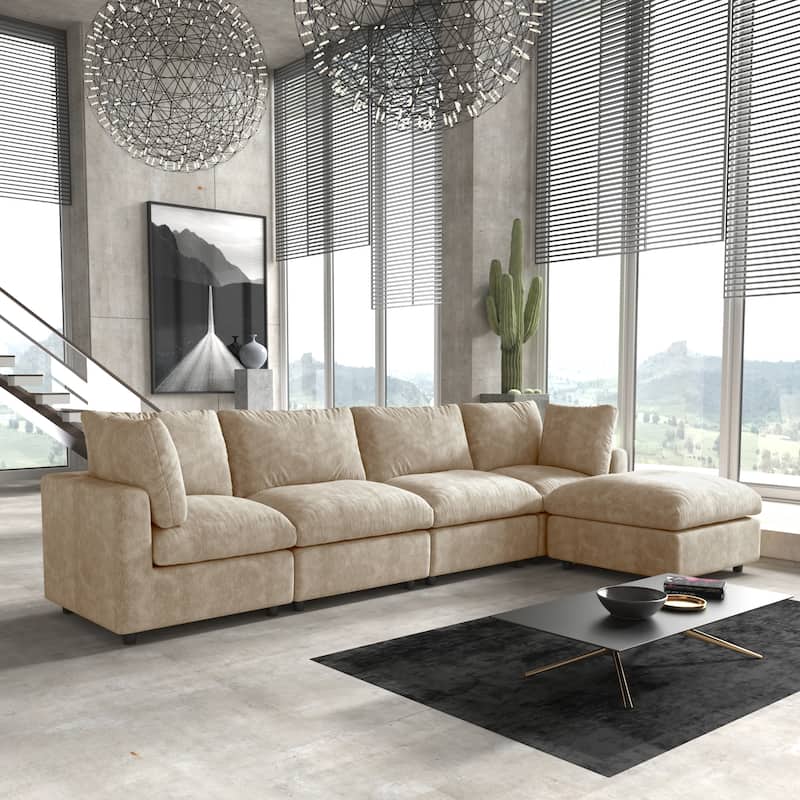 Minimalist Upholstered Cushion Sofa 4-Seater Chenille Modular Sectional Couch with Ottoman