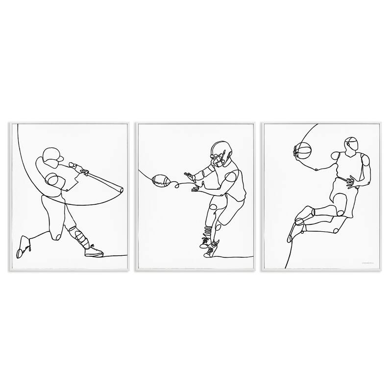 Stupell Simple Line Doodle People Playing Sports Baseball Football Basketball Framed 3 Piece Wall Art - Black - 24 x 30 - White