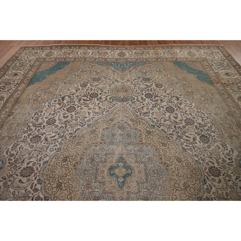 Distressed Geometric Tabriz Persian Antique Rug Handmade Wool Carpet - 9'8" x 13'5"