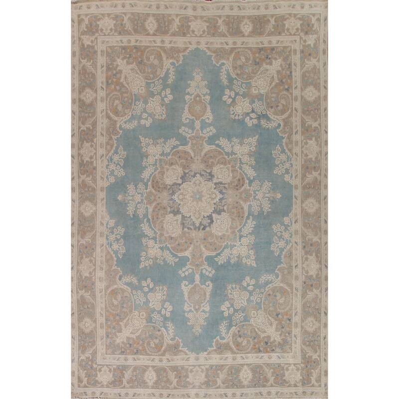 Hand Knotted Oriental 100% Wool Carpet Traditional Floral Navy Blue & Blues Tabriz Area Rug - 13' 0'' X 9' 8''