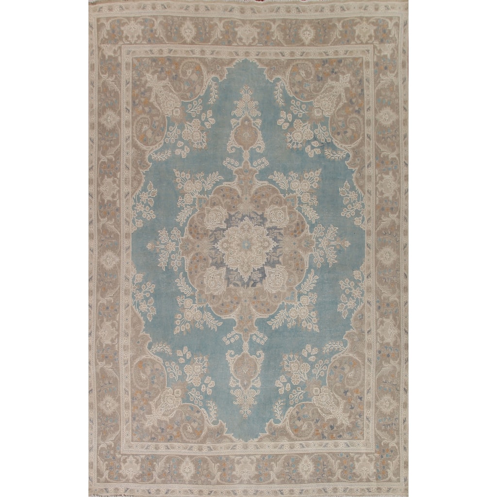 Hand Knotted Oriental 100% Wool Carpet Traditional Floral Navy Blue & Blues Tabriz Area Rug - 13' 0'' X 9' 8''